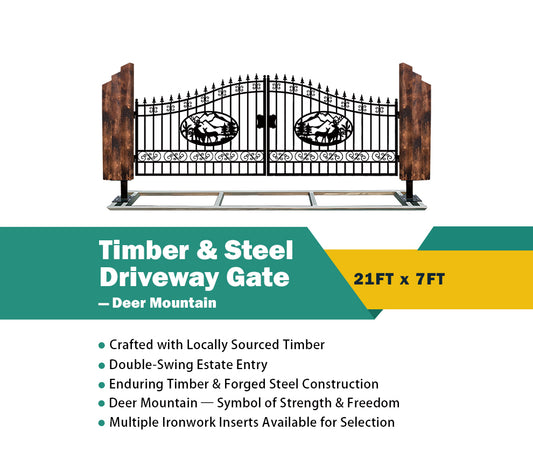 Triple Timber Posts Metal Driveway Gate – Deer Mountain Design