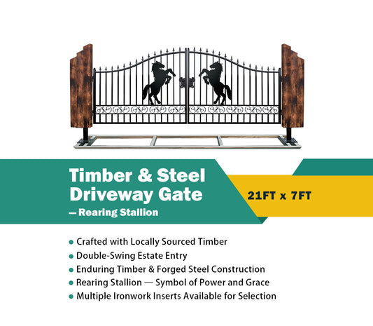 Triple Timber Posts Metal Driveway Gate – Rearing Stallion Design