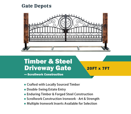 Single Timber Posts Metal Driveway Gate – Scrollwork Construction