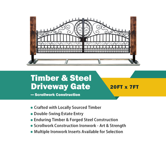 Single Timber Posts Metal Driveway Gate – Scrollwork Construction
