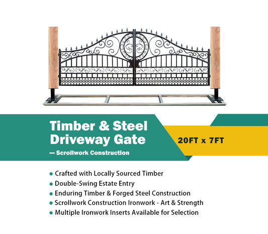 Single Timber Posts Metal Driveway Gate – Scrollwork Construction