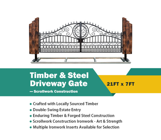 Triple Timber Posts Metal Driveway Gate – Scrollwork Construction