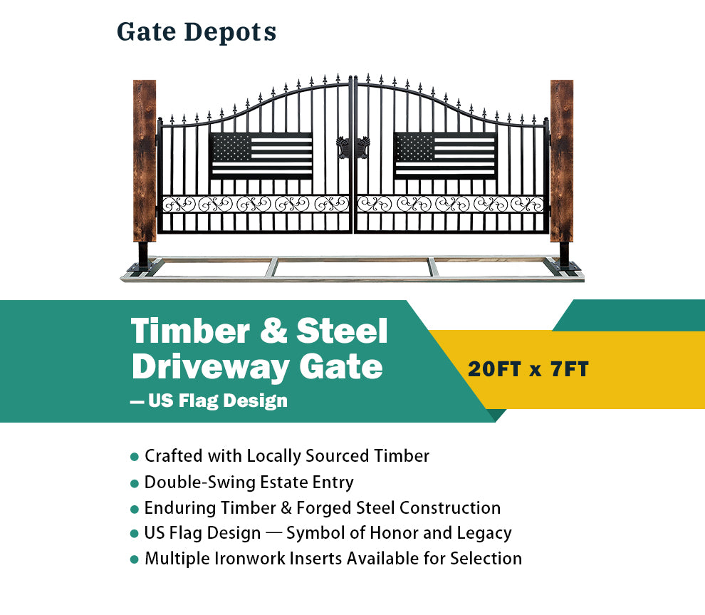 Single Timber Posts Metal Driveway Gate – US Flag Design
