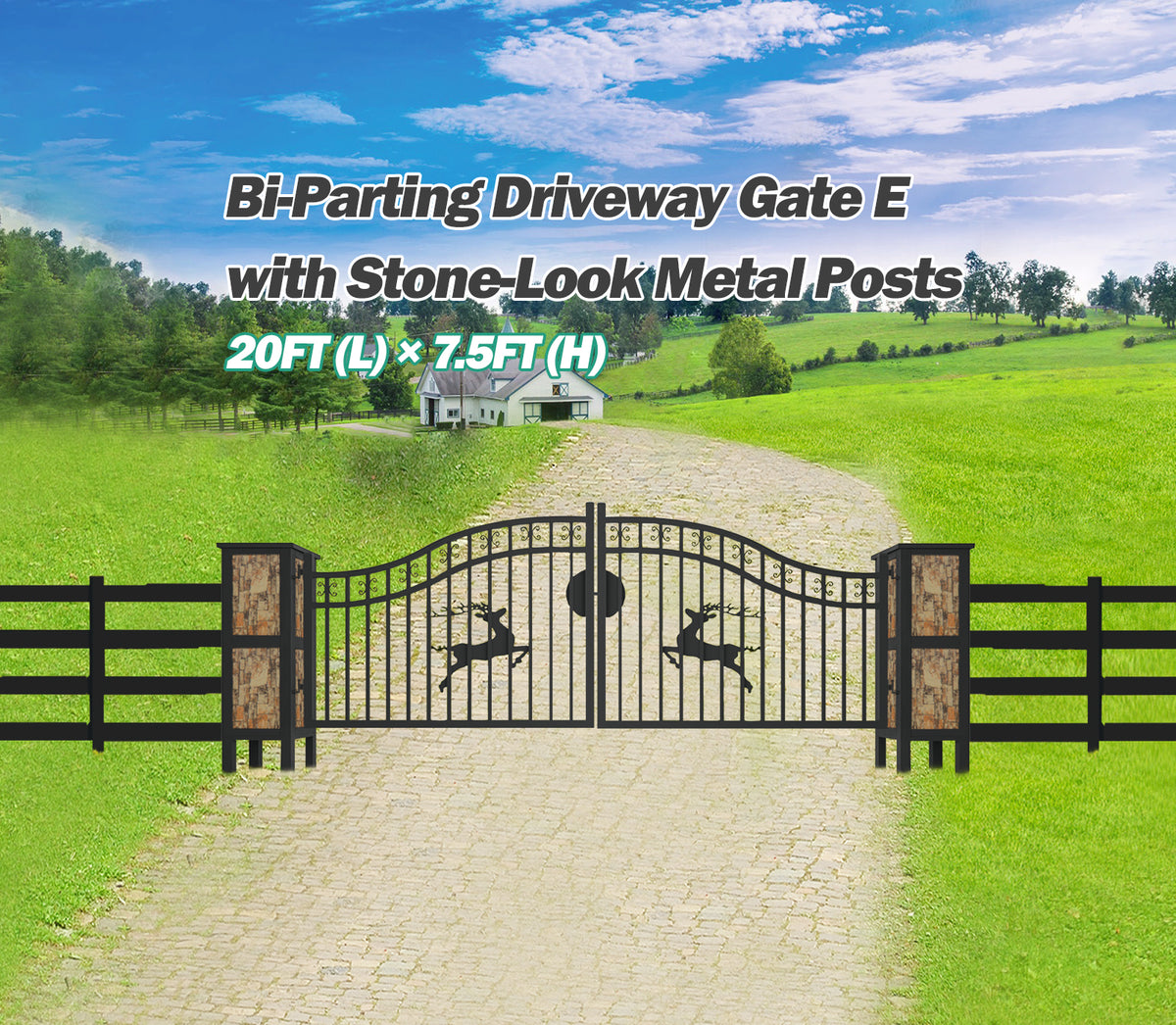 20 × 8 ft Dual Swing Driveway Gate with Ornamental Posts