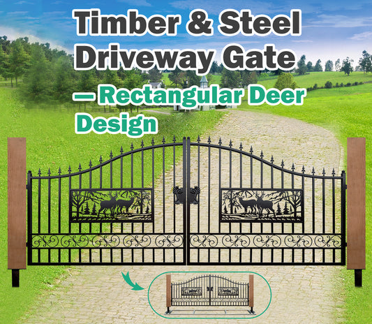 Single Timber Posts Metal Driveway Gate – Rectangular Deer